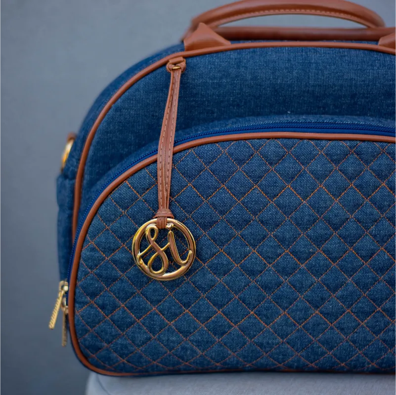 Bolsa da Mamãe - Jeans Azul Marinho com Detalhes em Couro Caramelo - foto 2