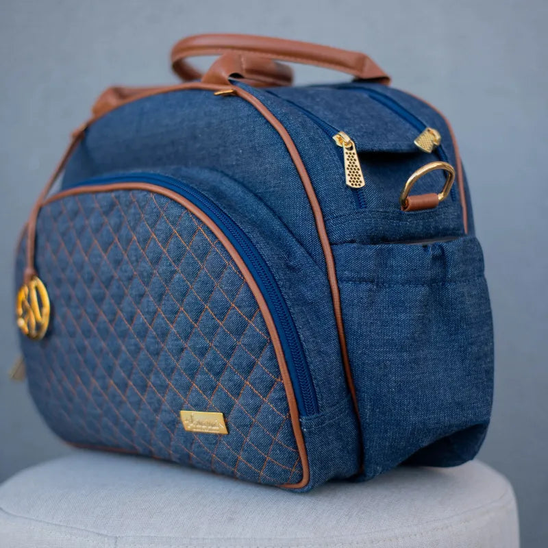 Bolsa da Mamãe - Jeans Azul Marinho com Detalhes em Couro Caramelo - foto 3