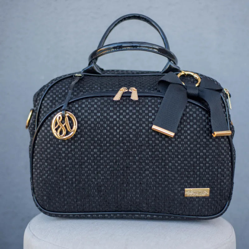 Bolsa da Mamãe - Palha Preta com Detalhes em Couro Verniz - foto 2